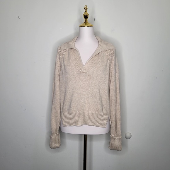 Abercrombie & Fitch Sz S Heathered Oatmeal Collared Notch Neck Knit Sweater - Picture 4 of 9